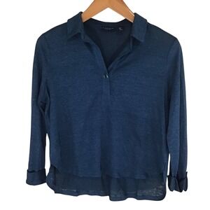 Tahari Women Blue 100% Linen Popover Blouse Collared Long Sleeve S